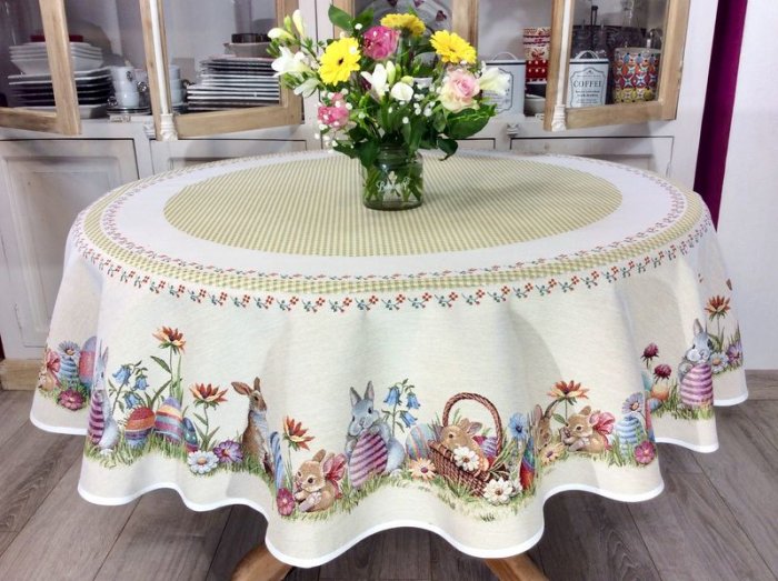 Nappe de Pâques-printemps fleurie, Lapins et oeufs, vichy vert centrée sur fond beige, ronde Ø165 cm, polycoton jacquard