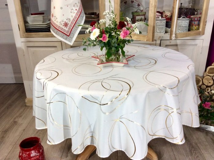 Nappe, cercles géométriques, dorés, sur fond blanc, ronde Ø180 cm, 100% polyester anti-taches