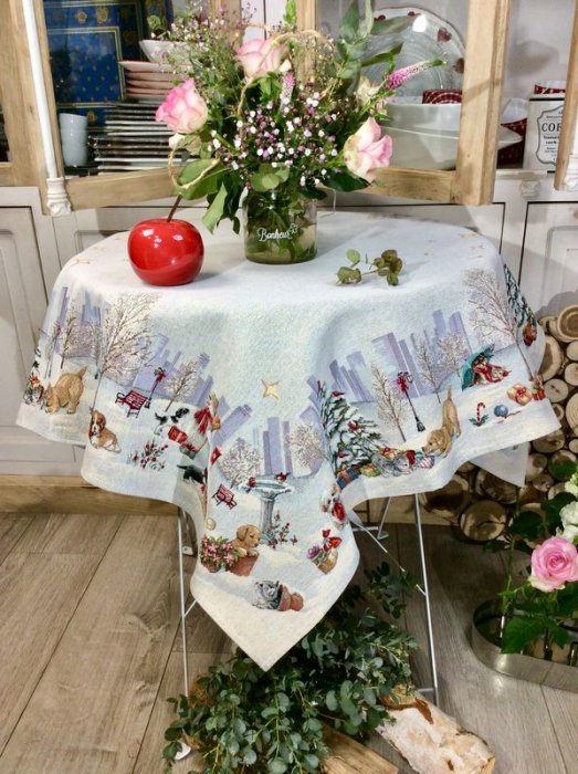 Nappe de No&euml;l, Chiens, Chats, Central Park, centr&eacute;e, carr&eacute;e, 100x100 cm, polycoton jacquard