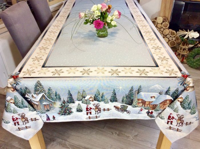 Nappe hivernale, village de Dickens, chalets, sapins, neige, flocons, cloches, centr&eacute;e, marron ou bleu, rectangulaire, polycoton jacquard