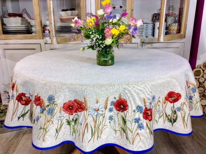 Nappe Fleurie, coquelicots, bleuets, blé, fond beige marbré, centrée, ronde Ø165 cm, polycoton Jacquard