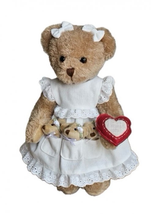 Copie de Peluche oursonne et ses bébés, robe blanche en dentelles, 30 cm, polyester