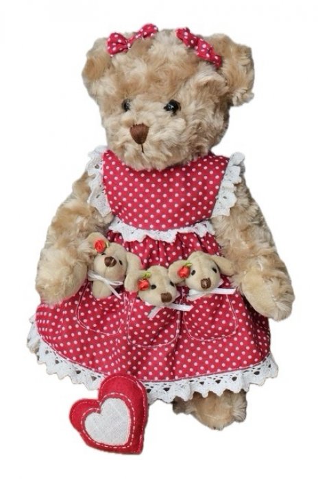 Peluche oursonne et ses 3 bébés oursons, robe petits pois, rouge, 30 cm, polyester