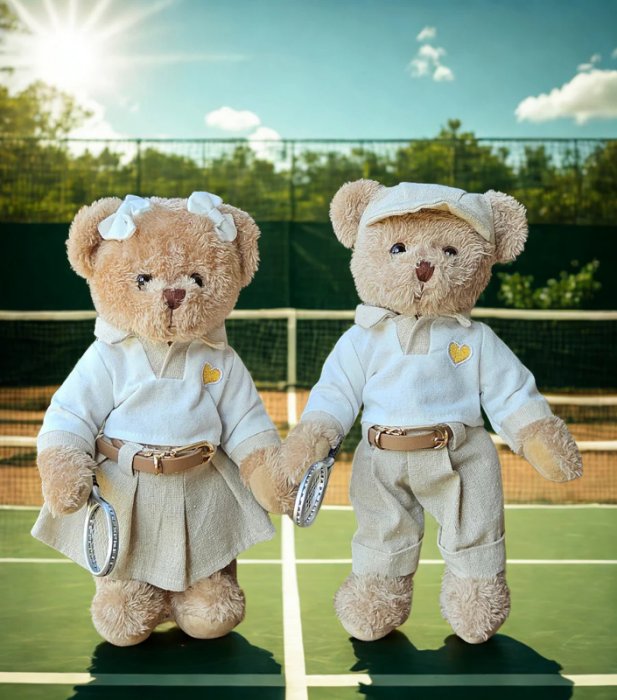 Peluche oursons, Couple joueurs de tennis, 30 cm, polyester