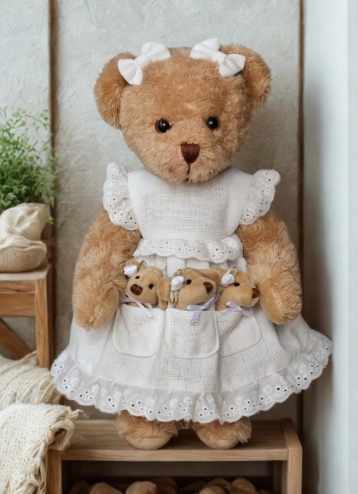 Peluche oursonne et ses bébés, robe blanche, dentelle, 30 cm, polyester