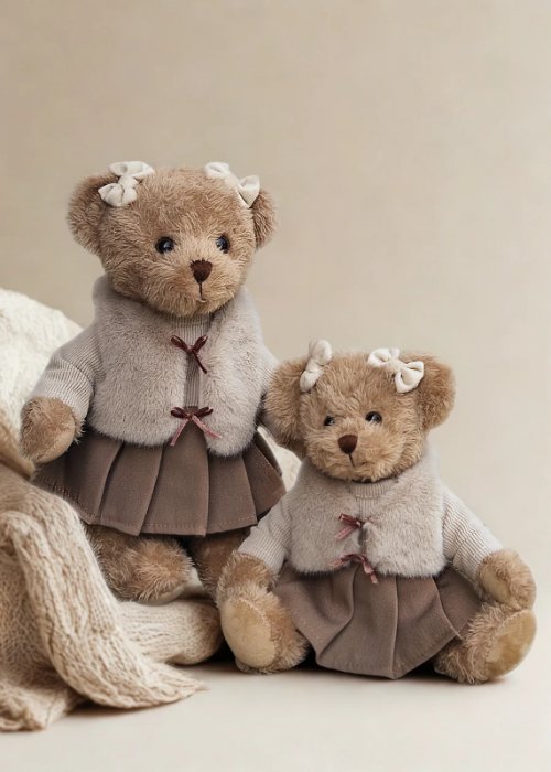 Peluche oursonne, tenue beige, veste fluffly, polyester