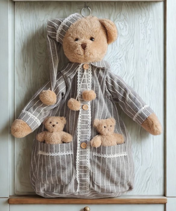 Peluche ourson, range-pyjama, étoffe brune rayée, bonnet et bébés, 60 cm, polyester