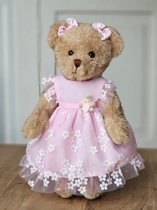 Peluche oursonne, robe rose &agrave; fleurs, 30 cm, polyester