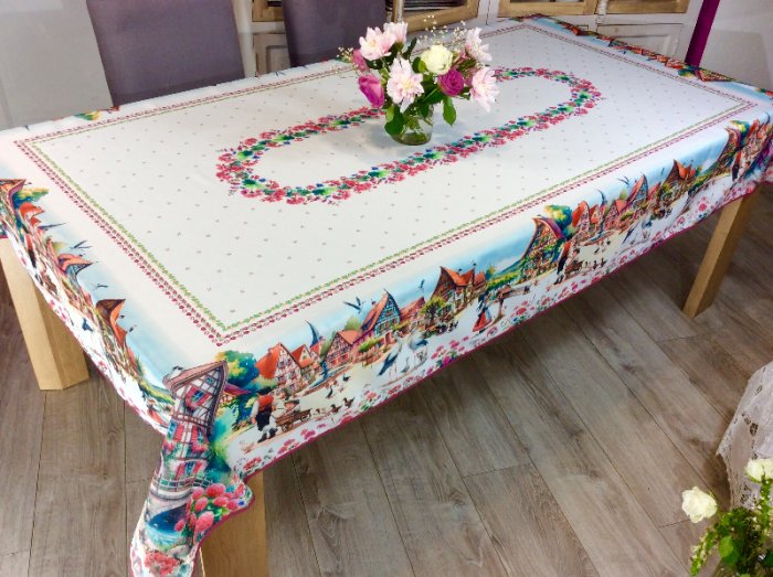 Nappe alsacienne, Colmar, cigognes, oies, vignoble, multicolore, centr&eacute;e, rectangulaire 100% polyester anti-taches