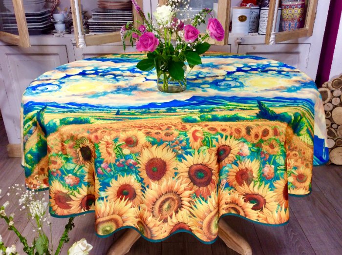 Nappe Soleil en mouvement, tournesol, jaune, bleu, ronde &Oslash;160 cm, 100% polyester anti-taches