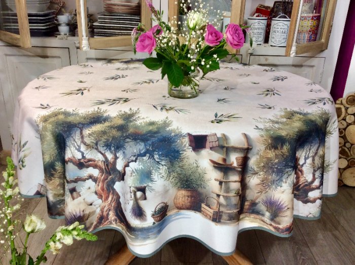 Nappe proven&ccedil;ale, Sous l'olivier ancien, olives, lavande, vert, beige, marron,  ronde &Oslash;160 cm, 100% polyester anti-taches