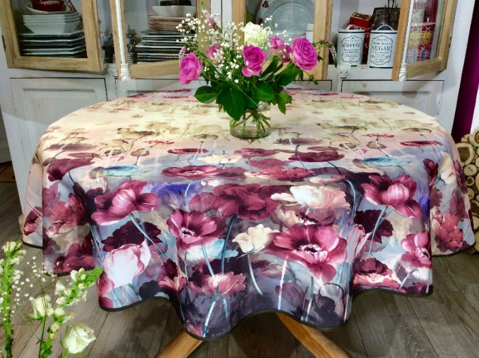 Nappe proven&ccedil;ale, Brume de pavots violets et roses, ronde &Oslash;160 cm, 100% polyester anti-taches