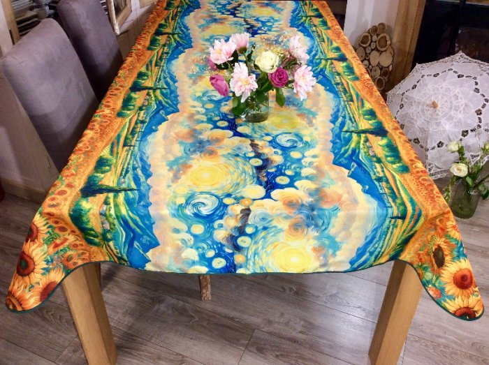 Nappe Van Gogh, Soleil en mouvement, tournesol, jaune, bleu, rectangulaire 150x240 cm, 100% polyester anti-taches