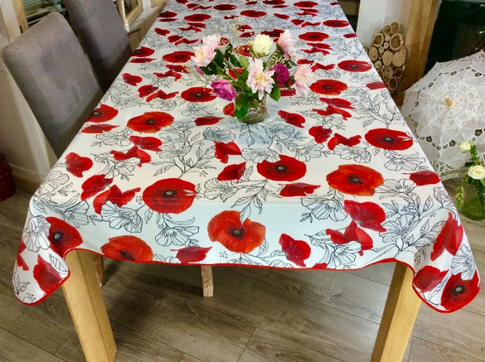 Nappe proven&ccedil;ale Pavots rouges, fond blanc, rectangulaire 150x240 cm, 100% polyester anti-taches