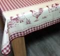 Nappe Coqs, oies, lapins et vaches, Vichy rouge-écru, rectangulaire 150x240 cm 100% polyester anti-taches