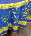 Nappe provençale Cigales, centrée, fond bleu, ronde Ø 180 cm, 100% coton ou coton enduit anti-taches