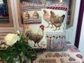 Housse de coussin, Coq et poules, beige, rouge, gris, carrée 45x45 cm, polycoton jacquard