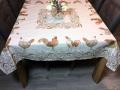 Nappe Coqs et poules, Chanteclair double bordure, écru-vert, carrée, polycoton Jacquard réversible