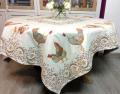 Nappe Coqs et poules, Chanteclair double bordure, écru-vert, carrée, polycoton Jacquard réversible