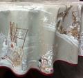 Nappe Rennes des neiges, chalets. traîneaux, sapins, fond beige-marron, ronde 100% coton natté