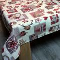 Nappe de Noël, Kraft Lurex, coeurs, étoiles, moufles, rennes, sur fond beige, rectangulaire, polycoton jacquard