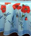 Nappe provençale Coquelicots centrée et linéaire, écru ou bleu, ronde, 100% coton et coton enduit anti-taches