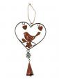 Guirlande coeur, Oiseau et clochette, plat, métal rouillé, 11x19 cm 
