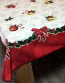 Nappe Boules de Noël, cloches et guirlande, blanc-rouge, rectangulaire, 100% polyester anti-taches