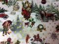 Nappe de Noêl, Père Noël avec les cadeaux, cerfs, sapins, étoiles, fond écru, carrée 100x100 cm, 100% coton