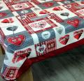 Nappe alsacienne Patchwork coeur d'Alsace et cigogne, rouge-gris, carrée 150x150 cm, 100% polyester anti-taches