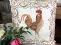Housse de coussin, Coq et poules, Chanteclair, fleurs, beige, carrée 45x45 cm, polycoton jacquard
