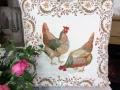 Housse de coussin, Coq et poules, Chanteclair, fleurs, beige, carrée 45x45 cm, polycoton jacquard