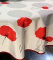 Nappe provençale Coquelicots et cercles gris, sur un fond écru, ronde Ø 160 cm, 100% polyester anti-taches