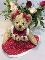 Peluche oursonne et ses 3 bébés oursons, robe petits pois, rouge, polyester, 30 cm