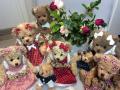 Peluche oursonne et ses 3 bébés oursons, robe petits pois, rouge, polyester, 30 cm