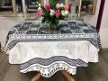 Nappe Carreaux de ciment double bordure, beige, gris et noir, ronde Ø160 cm, 100% polyester anti-taches