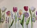 Nappe Florale, Tulipes, fleurs d'ail et lavande, fond beige, rectangulaire 160x250 cm, polycoton Jacquard