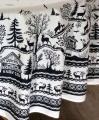 Nappe Jura, montagne, cerfs, chalets, vaches, arbres, motifs noirs, sur fond écru, ronde Ø 180 cm, 100% coton 