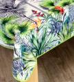 Nappe Oiseaux du Paradis, palmiers, feuilles et fleurs multicolores, sur fond blanc, rectangulaire,100% polyester anti-taches