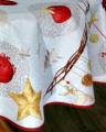 Nappe de Noël, Allover, étoiles, sapins, flocons, coeurs, boules, blanc, doré, rouge, ronde Ø160 cm, 100% polyester anti-taches