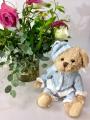 Peluche Ours, pyjama beige ou bleu à rayures blanches et bonnet de nuit, polyester, 25 cm