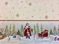 Nappe de Noël, Père Noël et son traineau rouge, étoiles dorées, cadeaux, sapins, centrée, ronde Ø 165 cm, polycoton jacquard