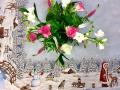Nappe de Noël, Enfant-Noël nourrissant un faon, cerfs, animaux du bois, sapins, ciel étoilé, 165x165 cm, polycoton jacquard