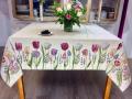 Nappe Florale, Tulipes, fleurs d'ail et lavande, fond beige, carrée 165.x165 cm, polycoton Jacquard