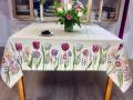 Nappe Florale, Tulipes, fleurs d'ail et lavande, fond beige, carrée, polycoton Jacquard