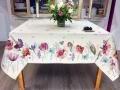 Nappe Florale, coquelicots, tulipes, papillons, fond beige, carrée 165.x165 cm, polycoton Jacquard