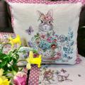Housse de coussin, Lapins de Pâques, rose, carrée 45x45 cm, polycoton jacquard