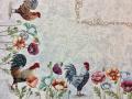 Nappe coqs, coquelicots, centrée sur fond beige et gris marbré, poudré darabesques, rectangulaire, polycoton jacquard
