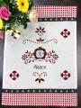 Torchon Alsace, fleurs, vichy rouge, noir, fond ecru, carreaux, rectangulaire 50x70 cm, 100% coton 