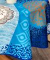 Nappe Rosaces géométriques all over, arabesques, bleu,  turquoise, blanc, marron, ronde Ø160 cm, 100% polyester anti-taches
